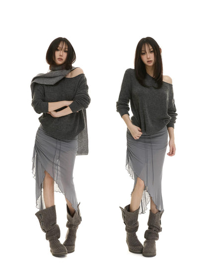 itsdinn Slanted Shoulder Batwing Knit Crewneck Women&