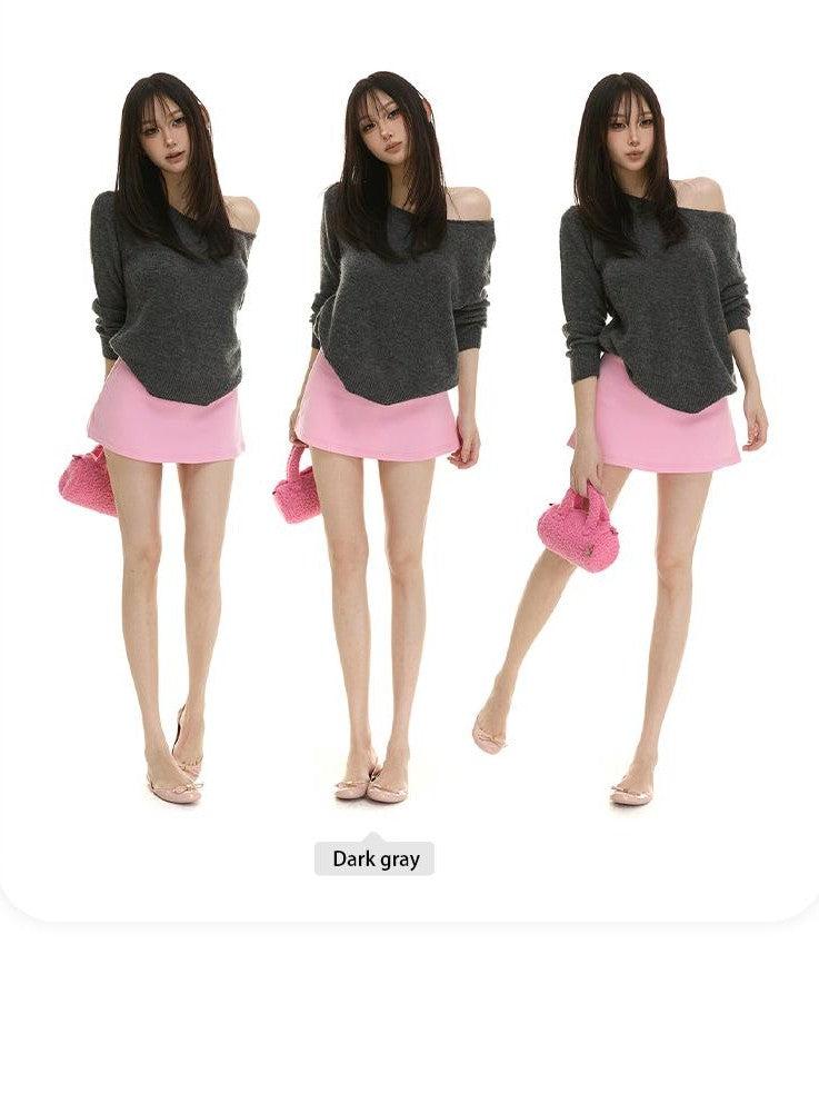itsdinn Slanted Shoulder Batwing Knit Crewneck Women&