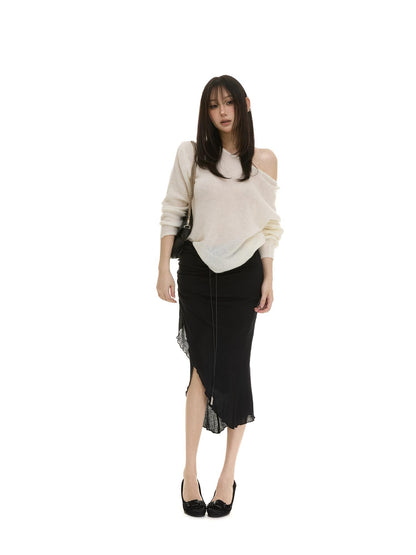 itsdinn Slanted Shoulder Batwing Knit Crewneck Women&