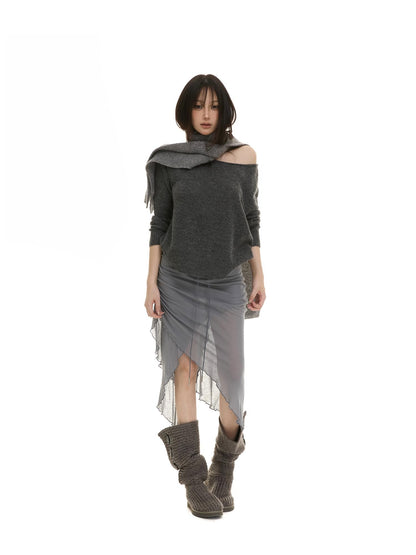 itsdinn Slanted Shoulder Batwing Knit Crewneck Women&