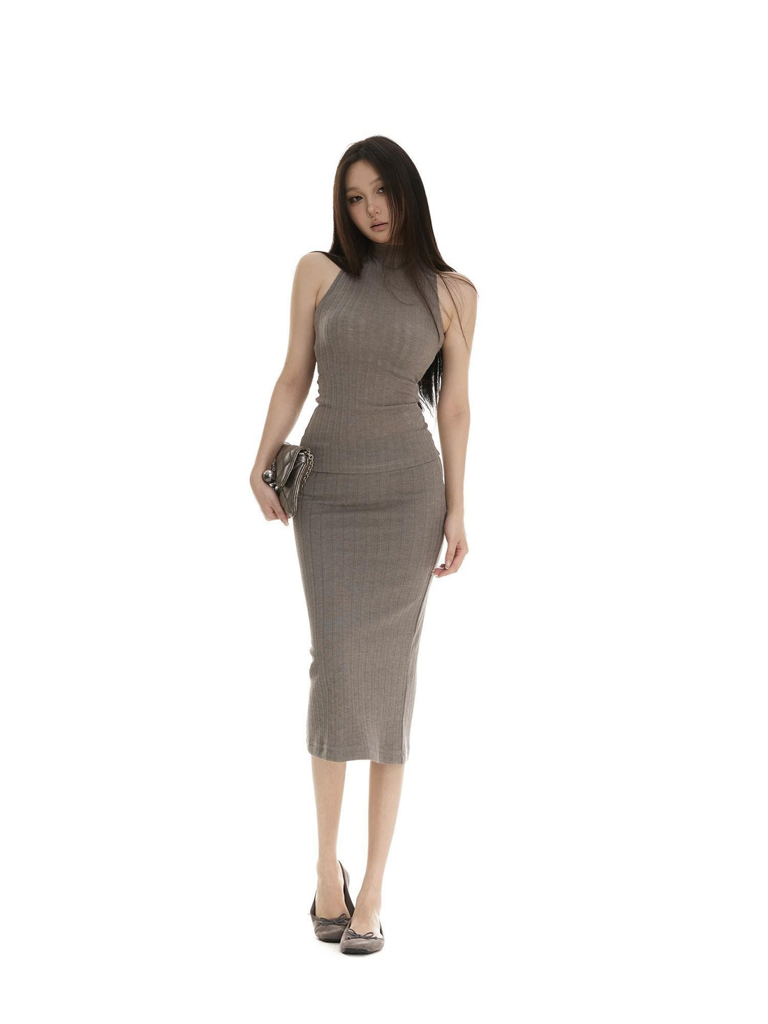 itsdinn Smoke Gray Tencel Ribbed High Neck Sleeveless Slim Fit Women&