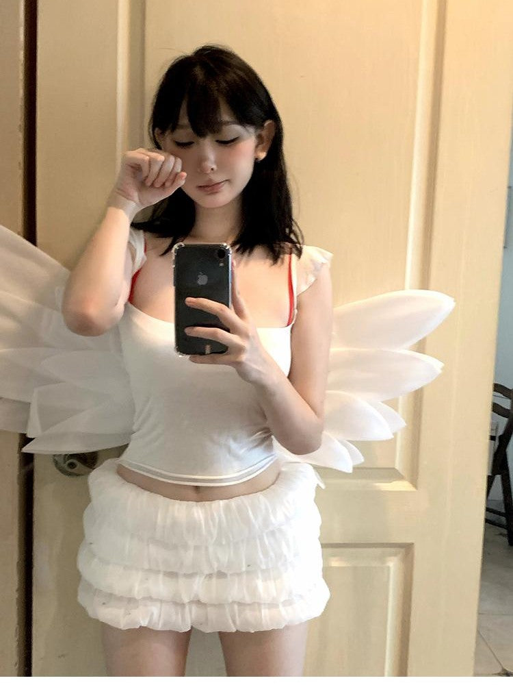 itsdinn Solid Double Layer Flutter Wing Sleeve Women&