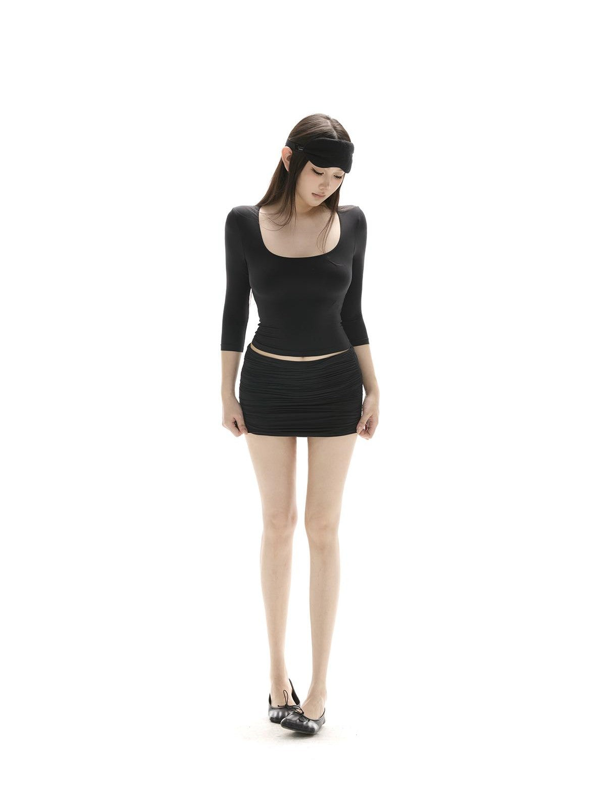 itsdinn Square U Neck Ruching 3 4 Sleeve Low Waist Mini Women&