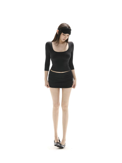 itsdinn Square U Neck Ruching 3 4 Sleeve Low Waist Mini Women&