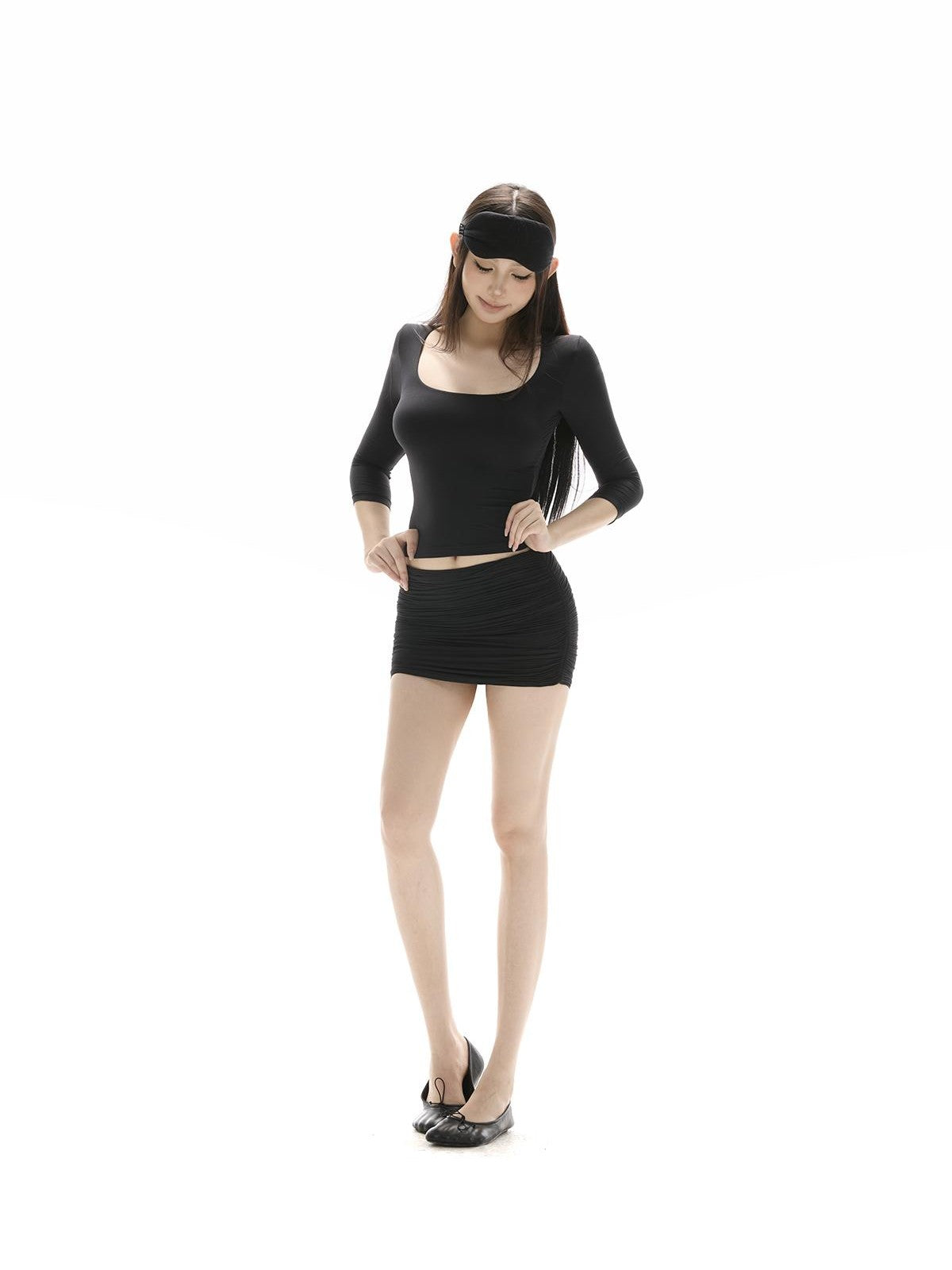 itsdinn Square U Neck Ruching 3 4 Sleeve Low Waist Mini Women&