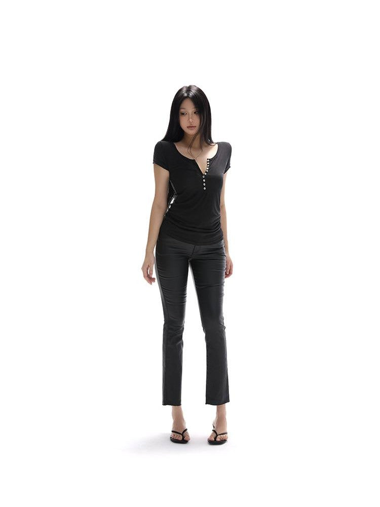 itsdinn Studded Button Coated Mid Rise Slim Women&