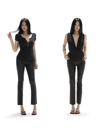 itsdinn Studded Button Coated Mid Rise Slim Women&