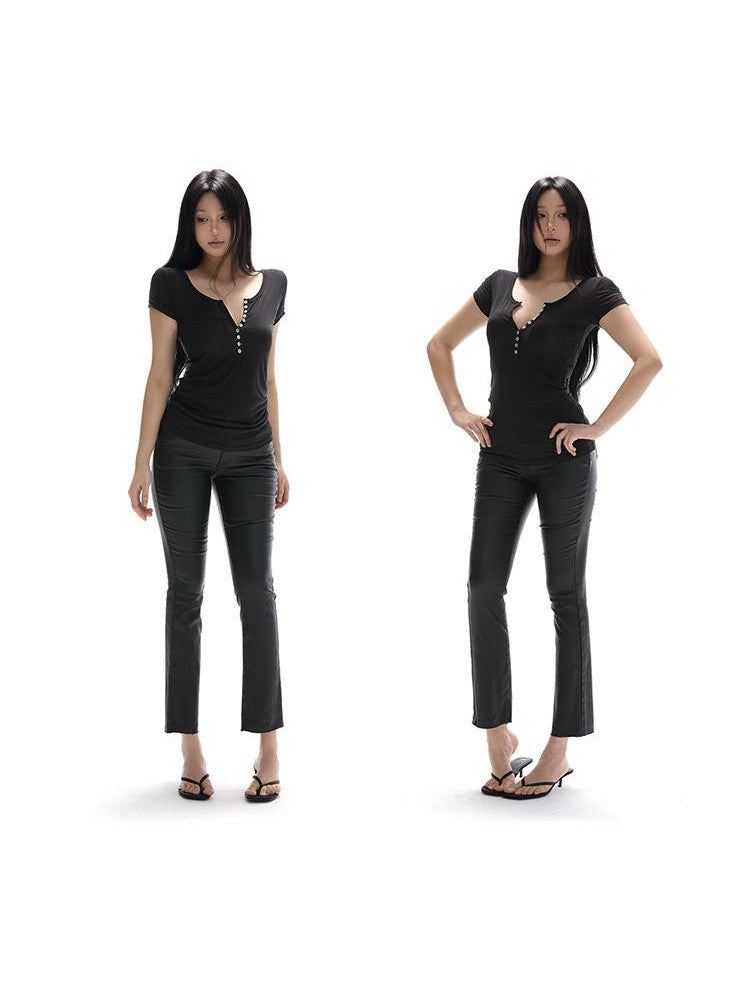 itsdinn Studded Button Coated Mid Rise Slim Women&