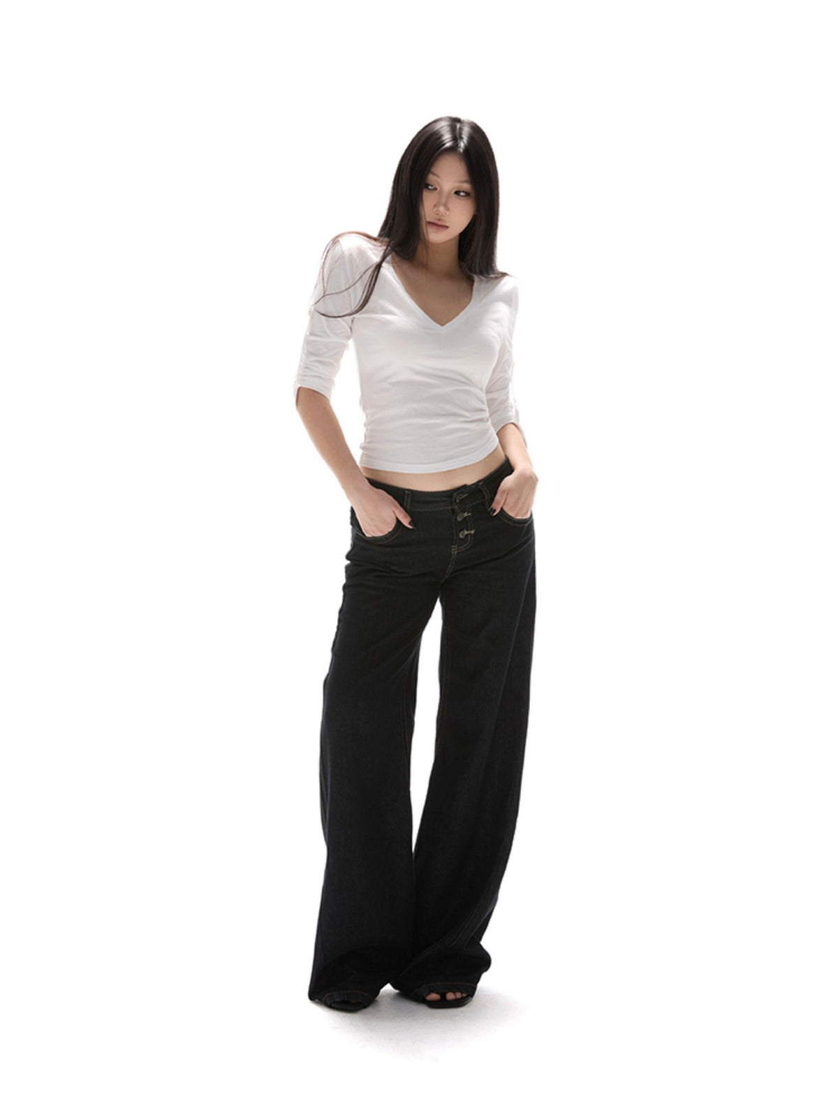 itsdinn Three Color Hand Rolled V-neck Three Quarter Women&