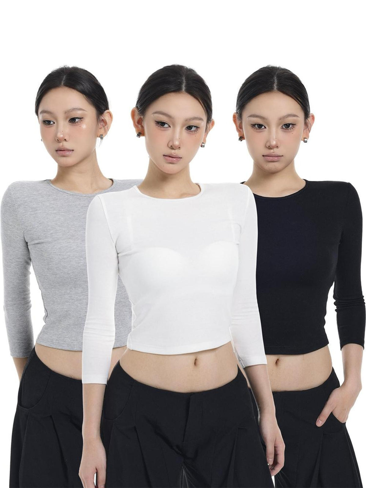itsdinn Tri Color Crewneck Pocket Slim Fit Women&
