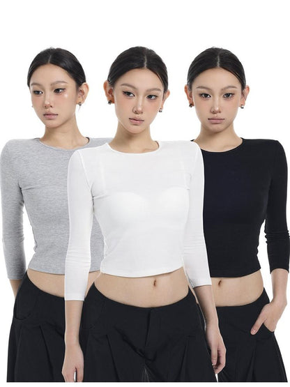 itsdinn Tri Color Crewneck Pocket Slim Fit Women&