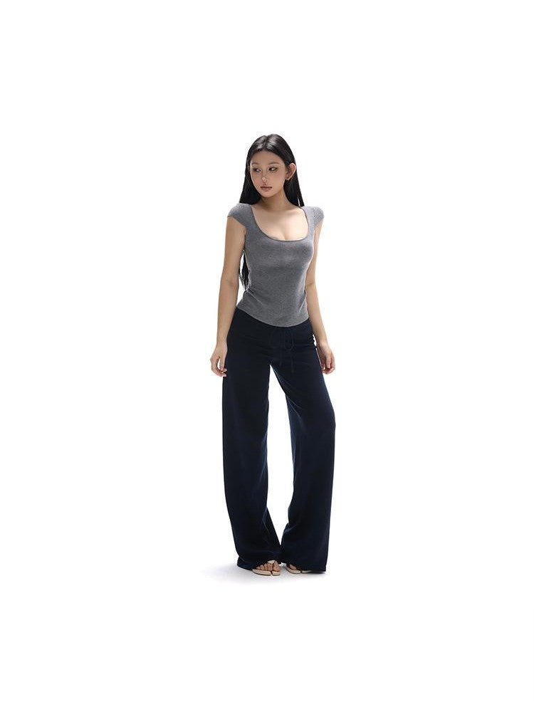 itsdinn Tricolor Cinched U Neck Flutter Sleeves Knit Women&