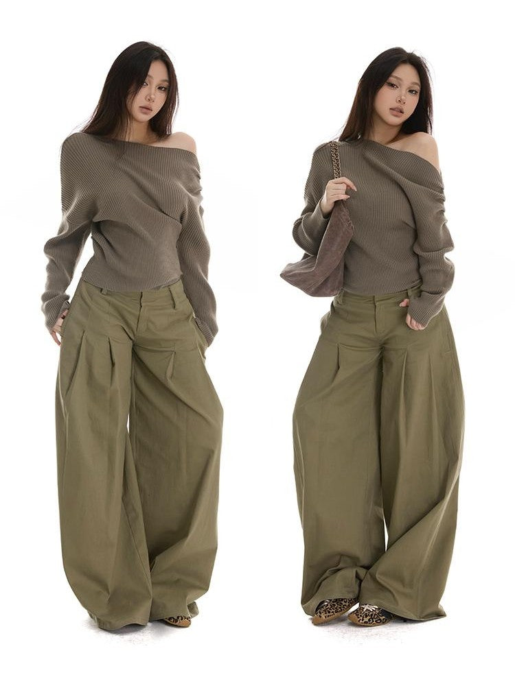 itsdinn Two Tone Slanted Shoulder Vertical Rib Ruched Waist Women&
