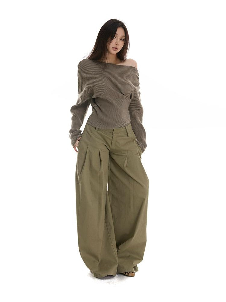 itsdinn Two Tone Slanted Shoulder Vertical Rib Ruched Waist Women&