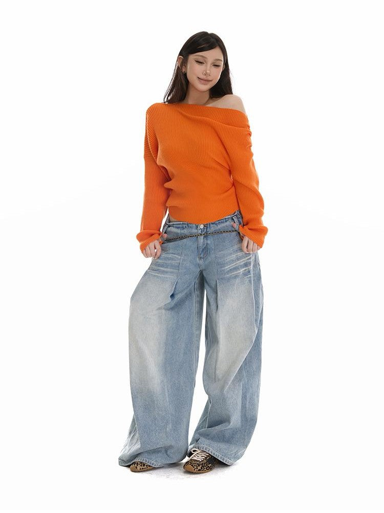 itsdinn Two Tone Slanted Shoulder Vertical Rib Ruched Waist Women&
