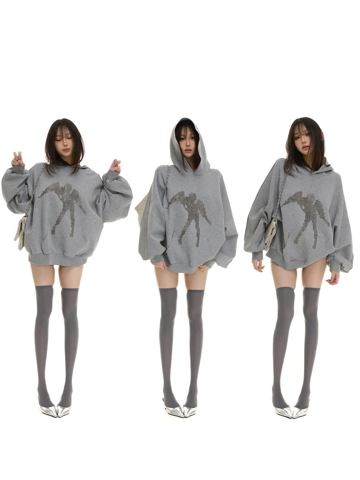 itsdinn Two Tone Studded Hooded Drop Shoulder Women&