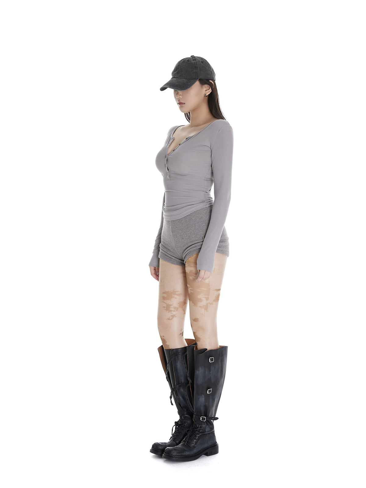 itsdinn Two Tone Wood Button Henley Women&