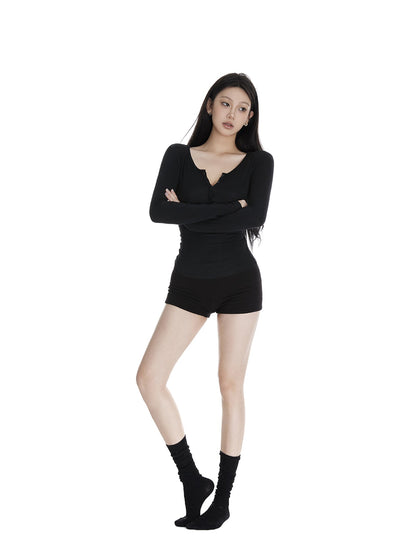 itsdinn Two Tone Wood Button Henley Women&