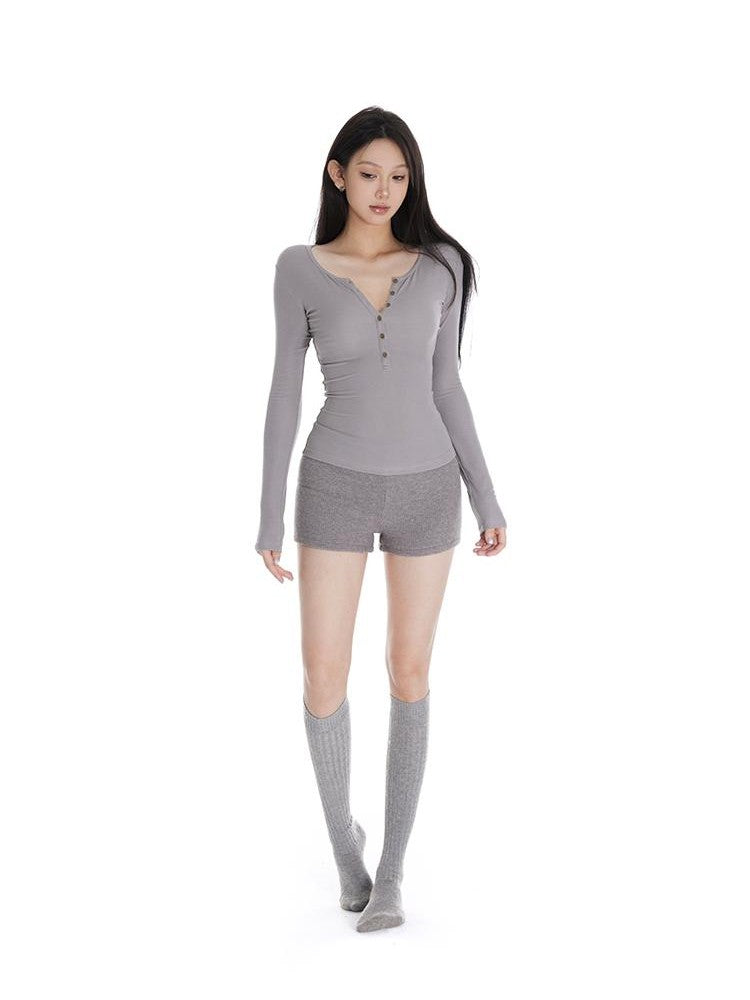 itsdinn Two Tone Wood Button Henley Women&