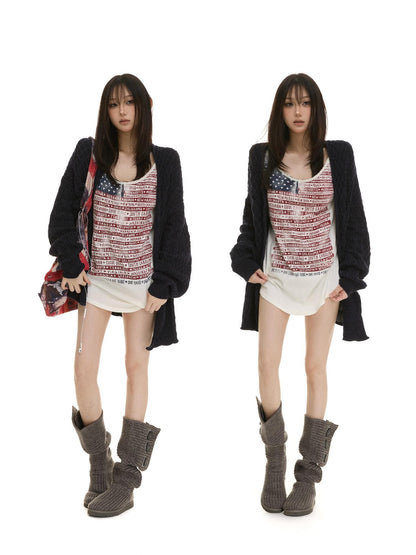 itsdinn Vintage Distressed Print U Neck Women&