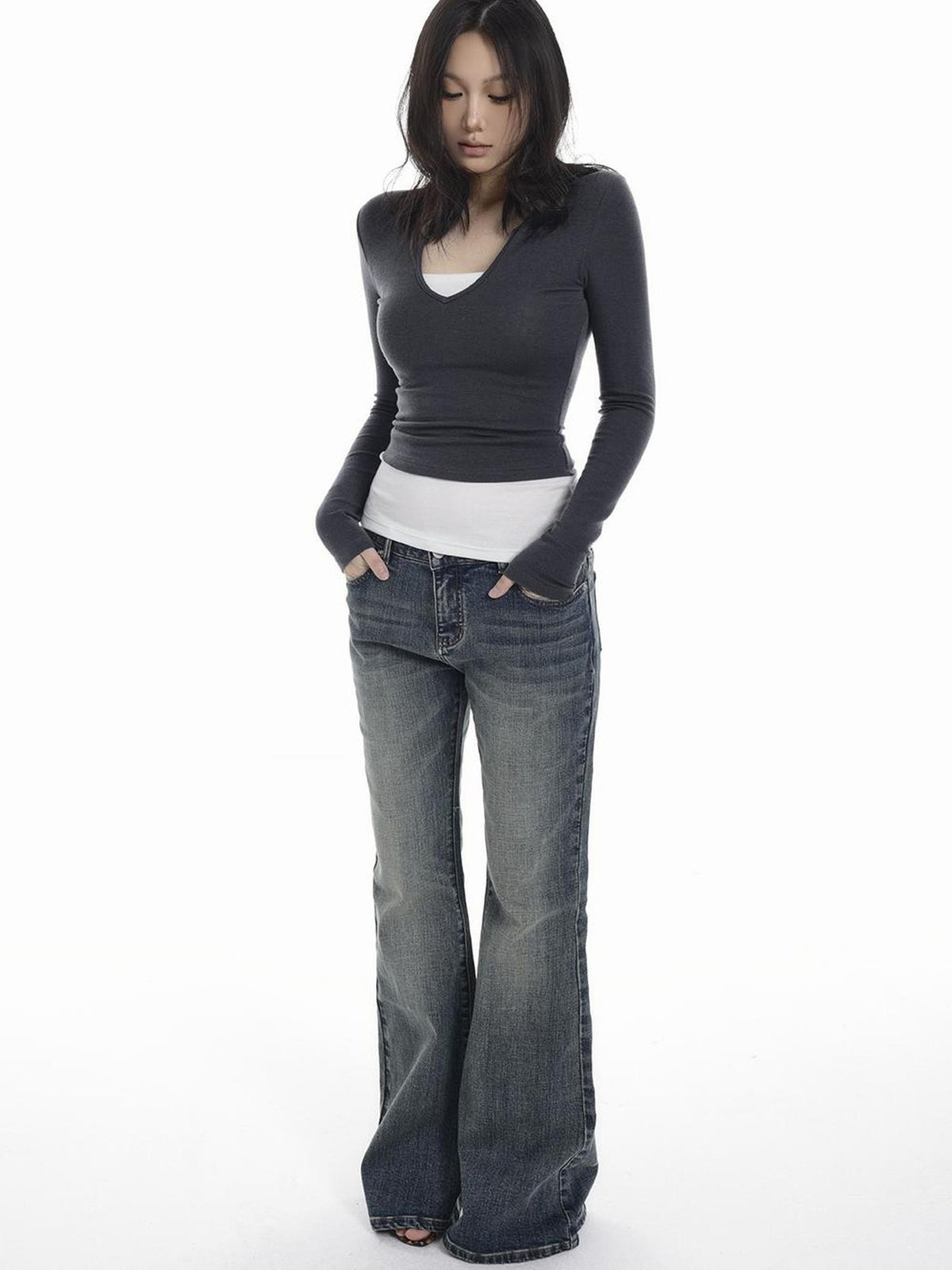 itsdinn Vintage Grey Blue Slim Fit Mid Rise Women&