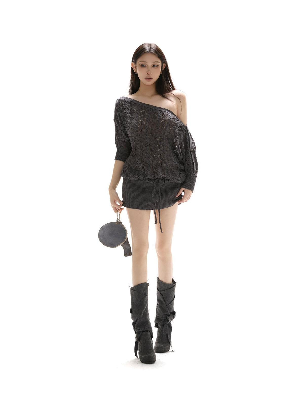 itsdinn Vintage Openwork Knit One Shoulder Women&