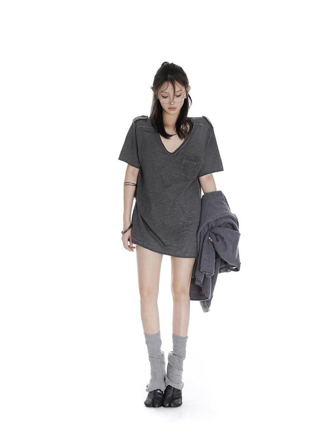 itsdinn Washed V-neck Short Sleeve Solid Loose Women&