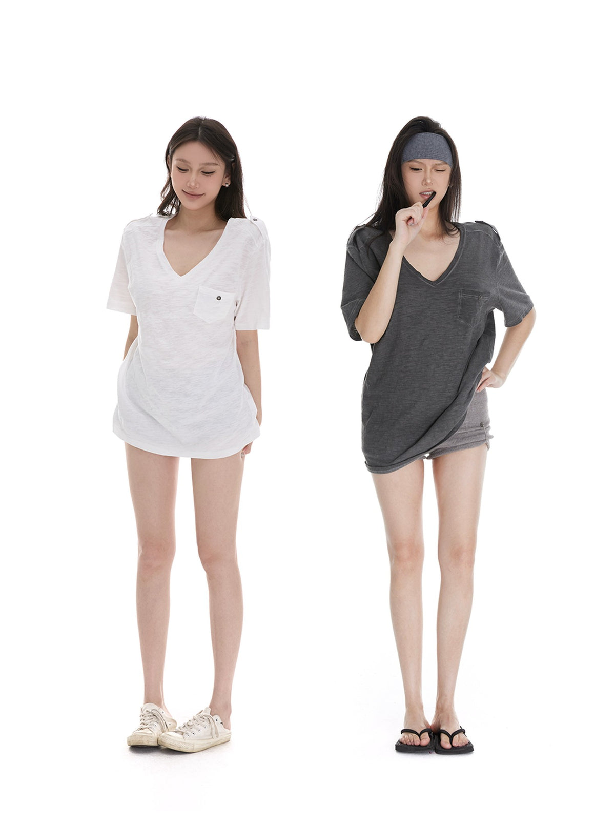 itsdinn Washed V-neck Short Sleeve Solid Loose Women&