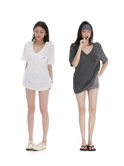 itsdinn Washed V-neck Short Sleeve Solid Loose Women&