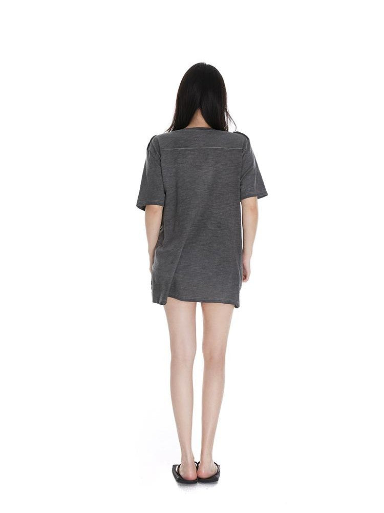 itsdinn Washed V-neck Short Sleeve Solid Loose Women&