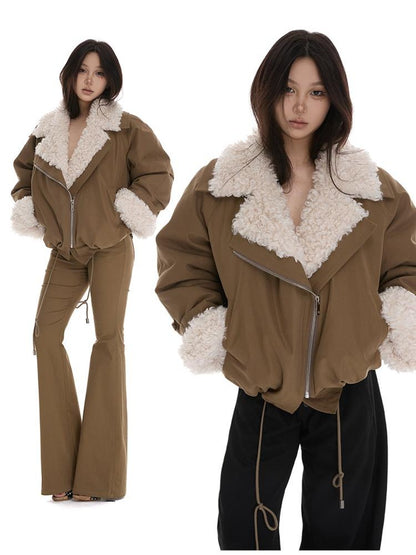 itsdinn Windproof Oversized Fur Collar Loose Fit Women&