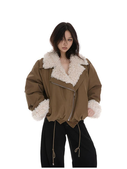 itsdinn Windproof Oversized Fur Collar Loose Fit Women&