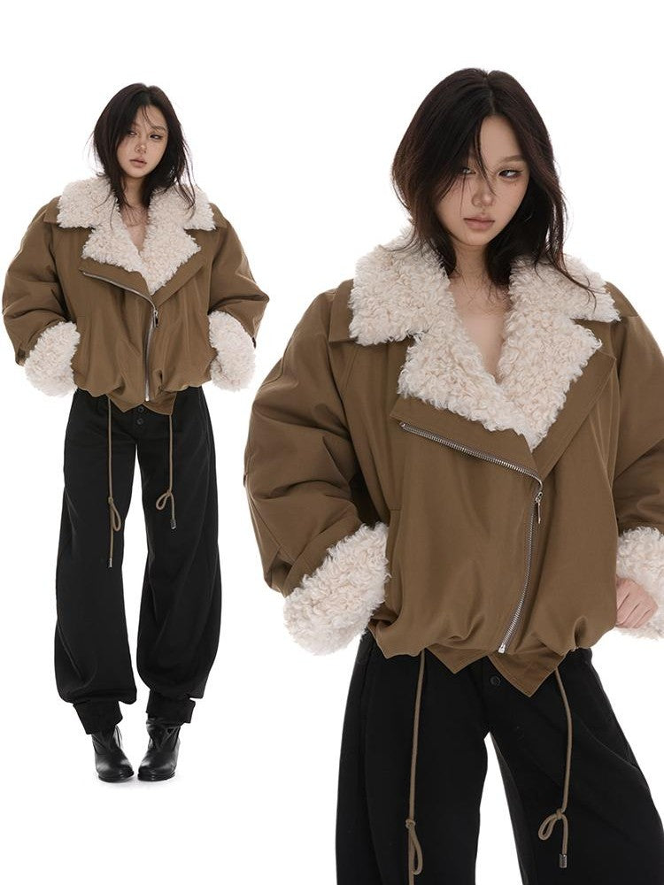 itsdinn Windproof Oversized Fur Collar Loose Fit Women&