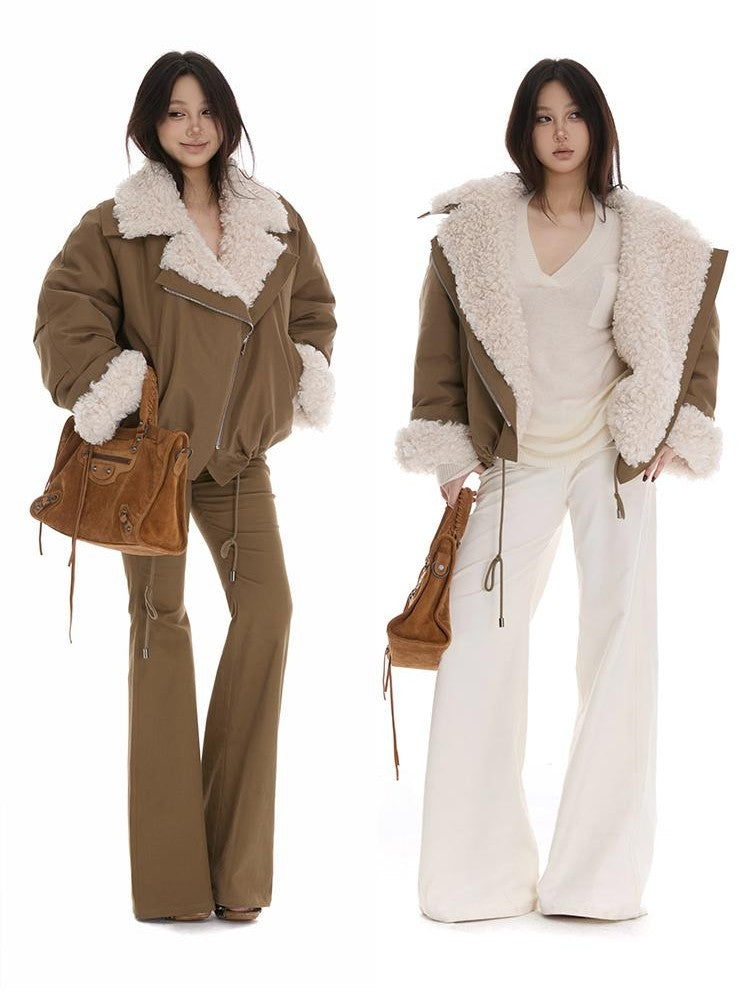 itsdinn Windproof Oversized Fur Collar Loose Fit Women&