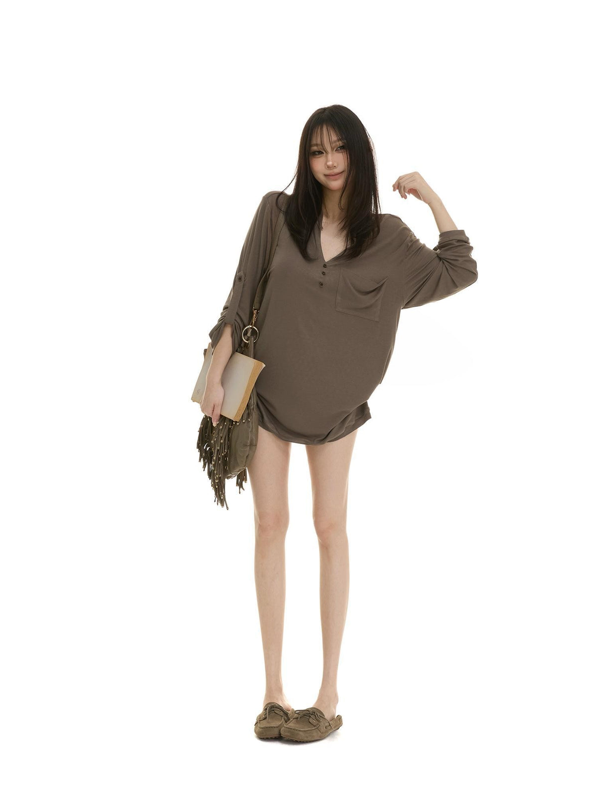 itsdinn Wooden Button Henley V Drop Shoulder Women&