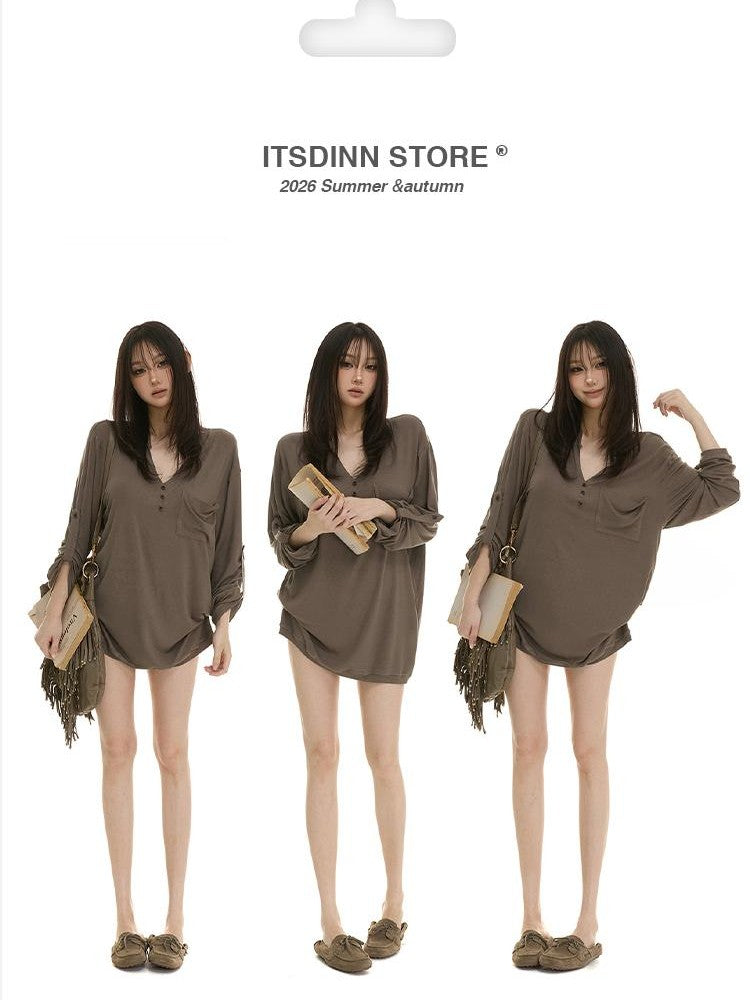 itsdinn Wooden Button Henley V Drop Shoulder Women&
