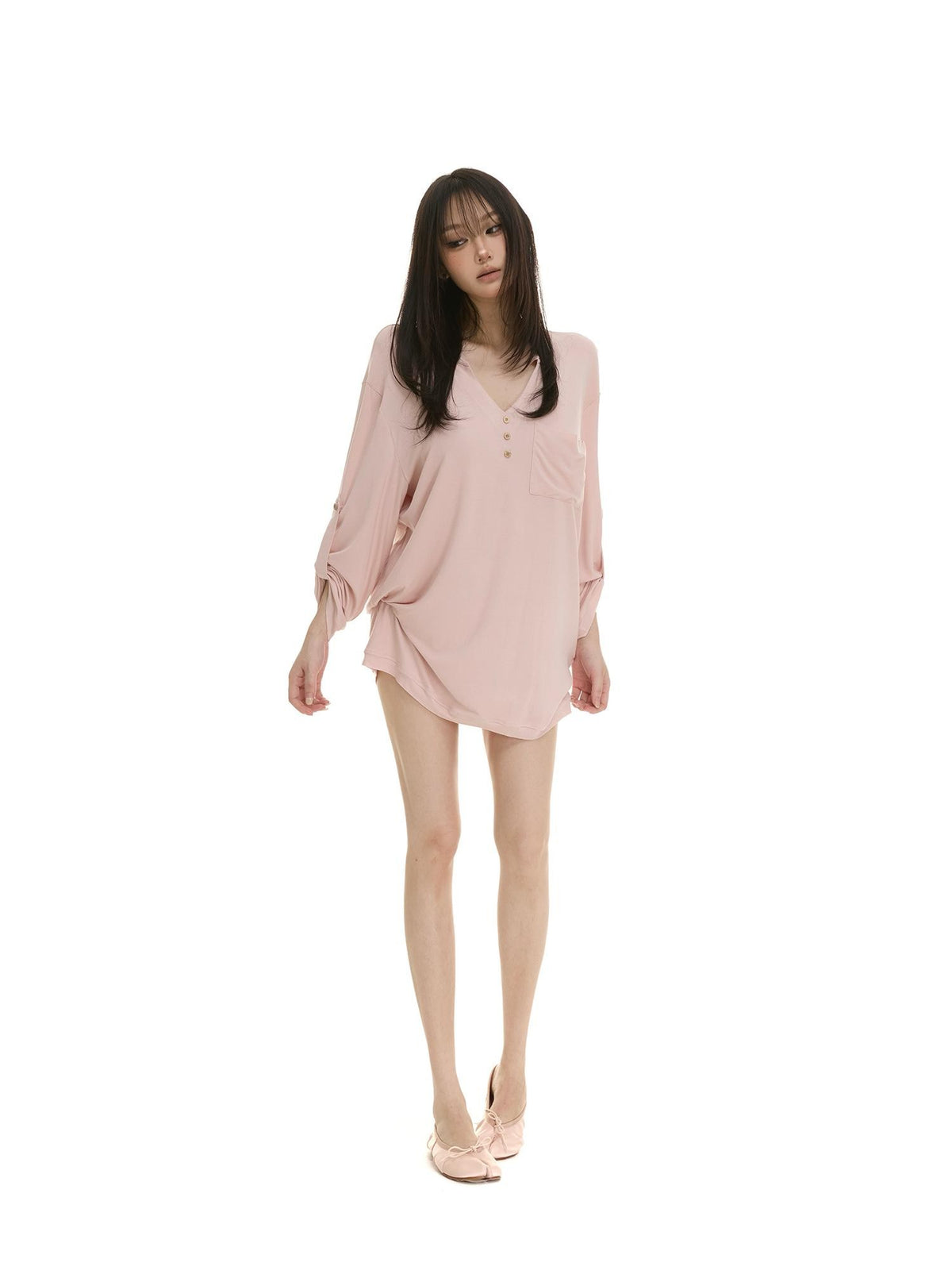 itsdinn Wooden Button Henley V Drop Shoulder Women&