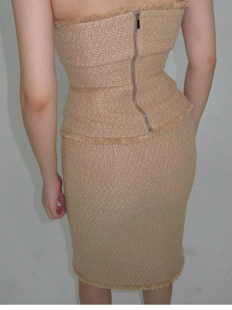 itsdinn Woven Strapless Bustier A Line Knee Skirt Women&