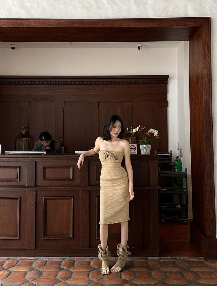 itsdinn Woven Strapless Bustier A Line Knee Skirt Women&