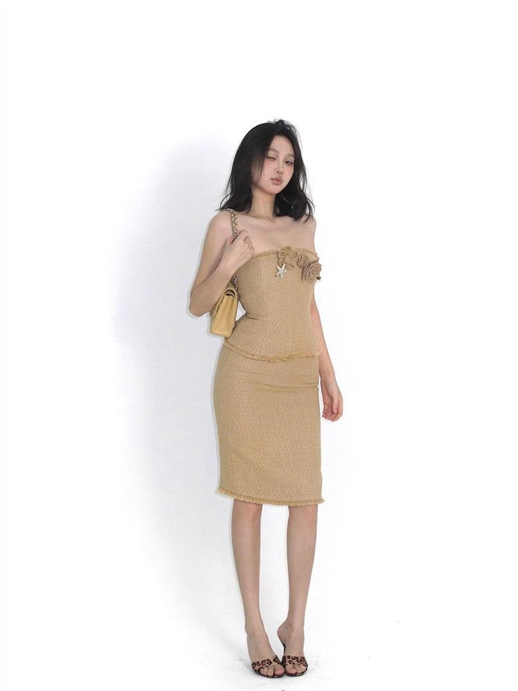 itsdinn Woven Strapless Bustier A Line Knee Skirt Women&