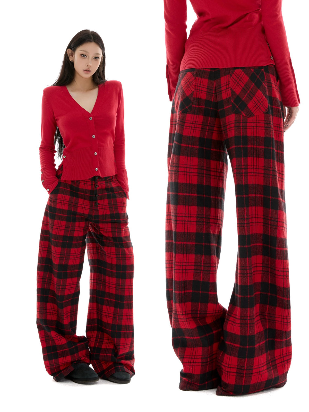 itsdinn Yarn Dyed Red Plaid Retro Low Rise Women&