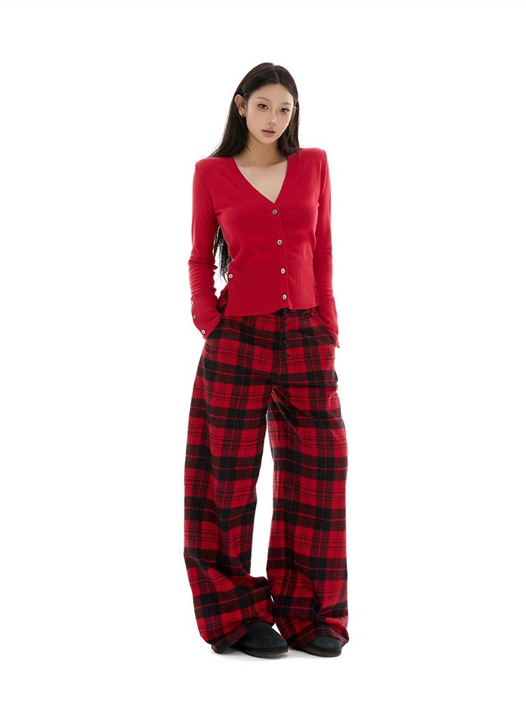 itsdinn Yarn Dyed Red Plaid Retro Low Rise Women&