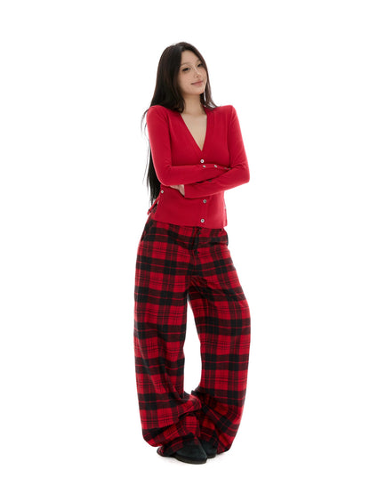 itsdinn Yarn Dyed Red Plaid Retro Low Rise Women&