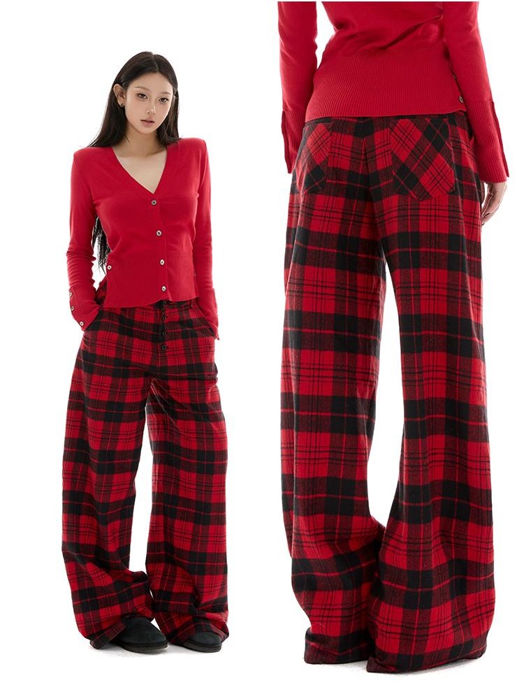 itsdinn Yarn Dyed Red Plaid Retro Low Rise Women&