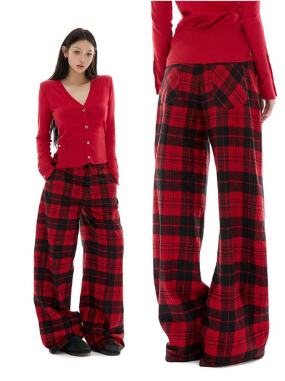 itsdinn Yarn Dyed Red Plaid Retro Low Rise Women&