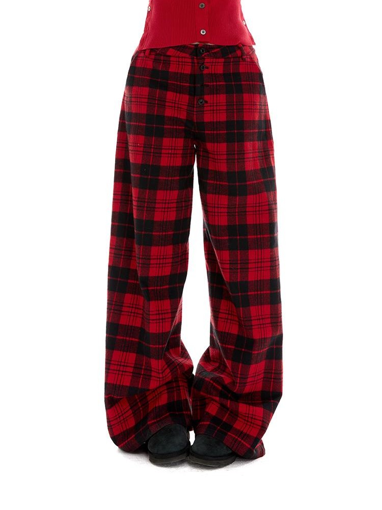 itsdinn Yarn Dyed Red Plaid Retro Low Rise Women&