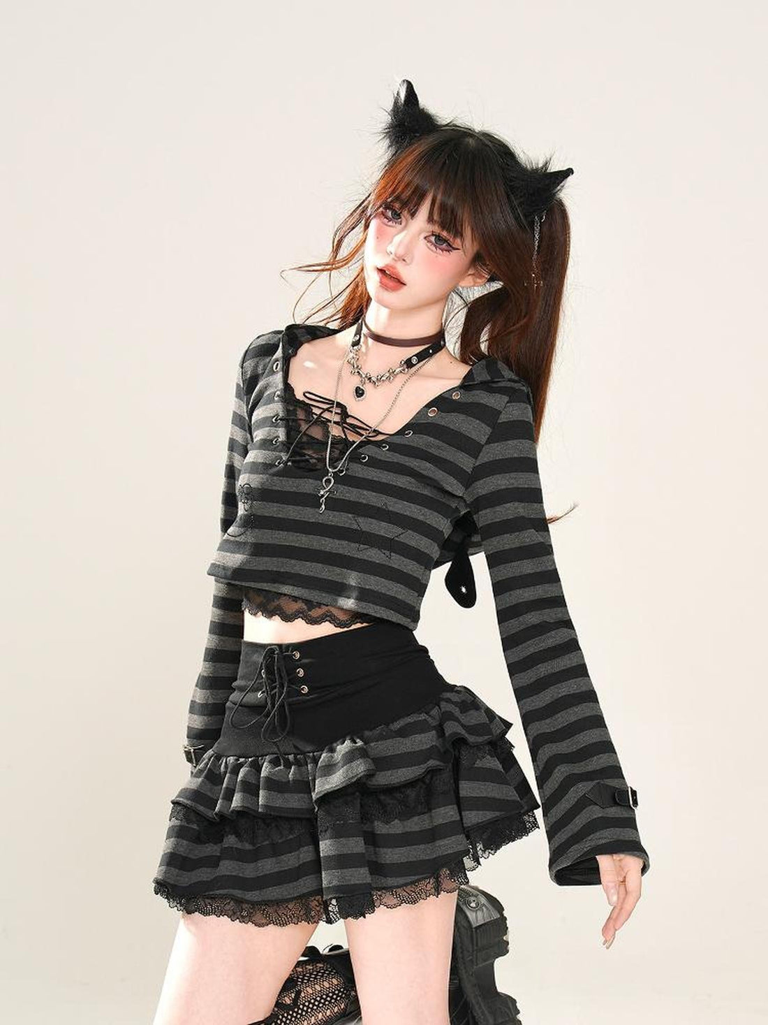 kelly kitty American Retro Striped Hooded Long Sleeve Lace Women&