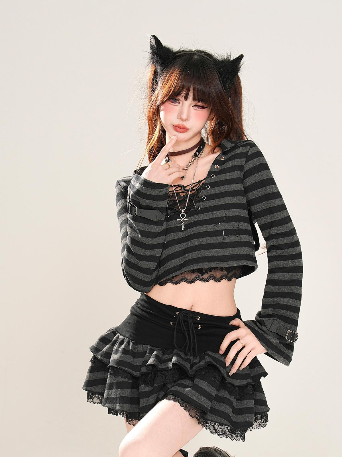 kelly kitty American Retro Striped Hooded Long Sleeve Lace Women&