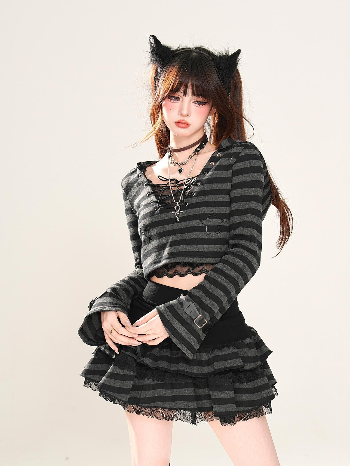 kelly kitty American Retro Striped Hooded Long Sleeve Lace Women&