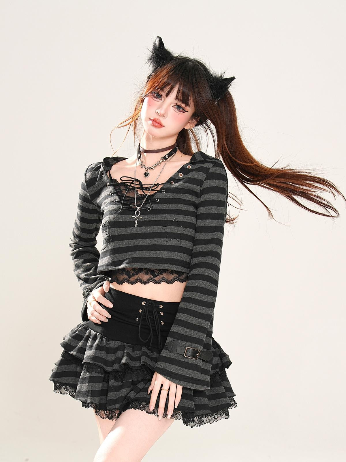 kelly kitty American Retro Striped Hooded Long Sleeve Lace Women&
